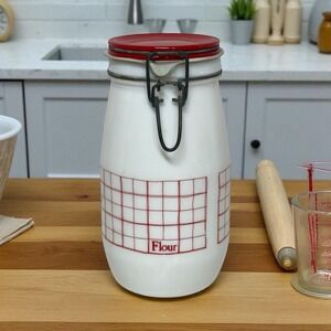 VTG Wheaton Milk Glass Canister Flour Red Check Grid Bale Seal Farmhouse‎ 1.5 L